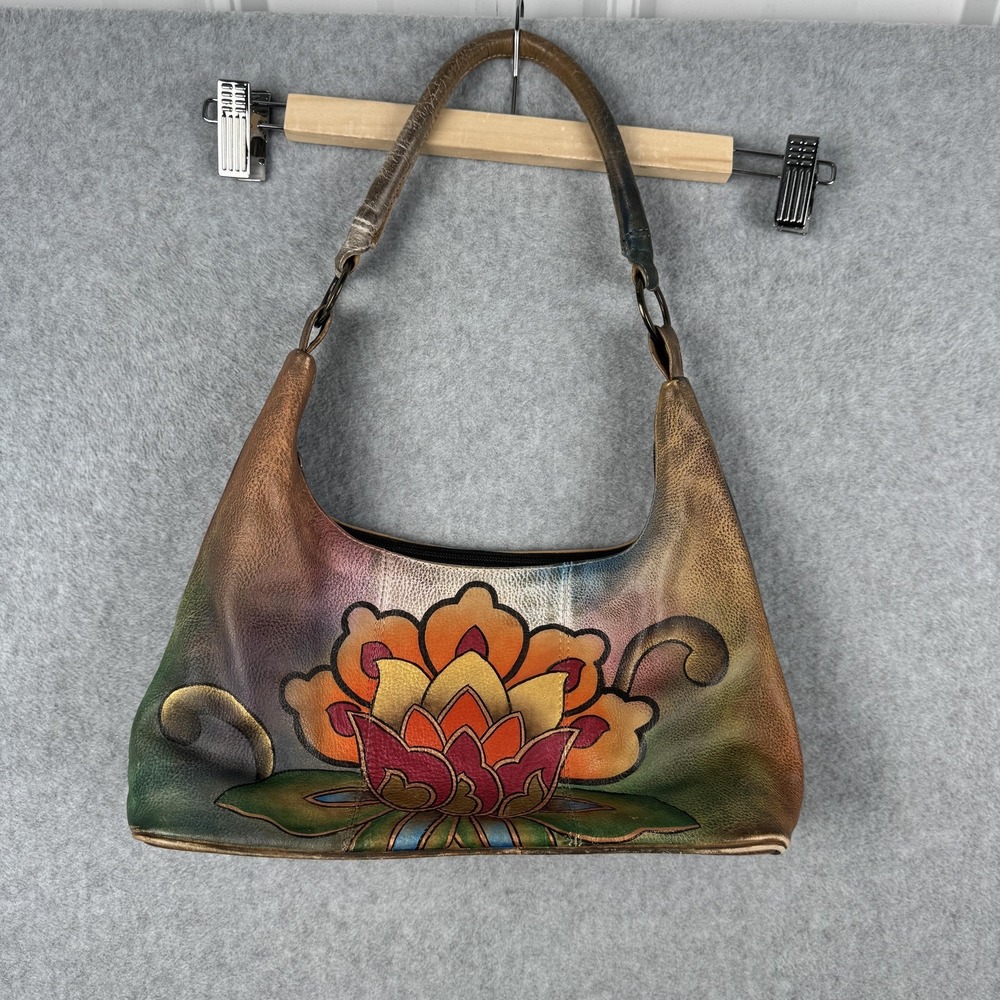 Anuschka Purse Womens‎ Brown Floral Lotus Hand Painted Leather Shoulder Bag